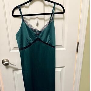 Topshop Satin Lace Trim Midi Slip Dress – Emerald Green & Black, Size 10